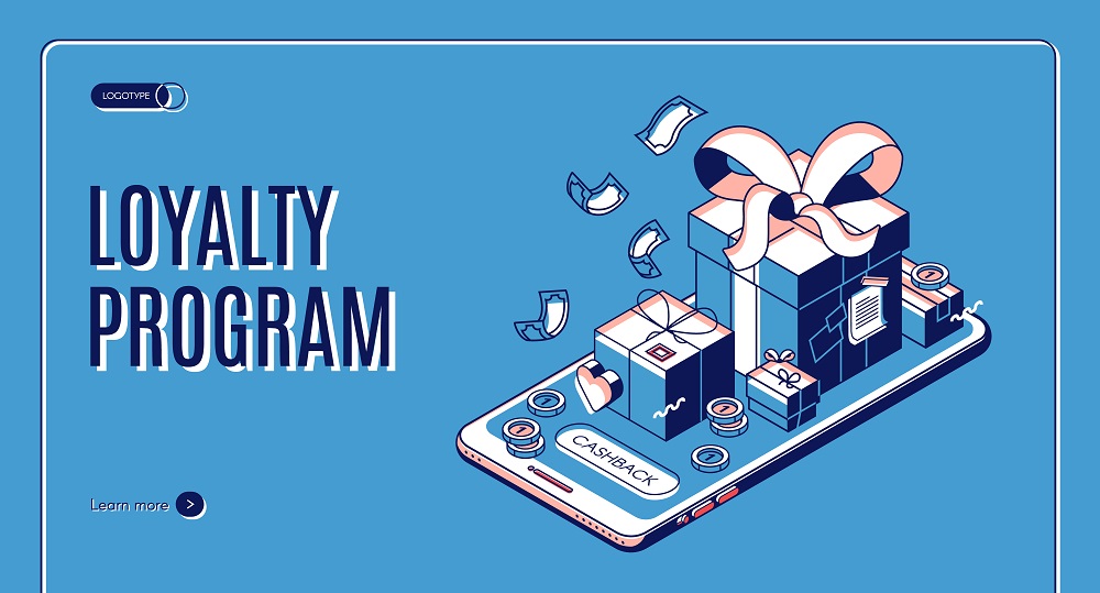 Loyalty program web banner with smartphone and gifts on top of it